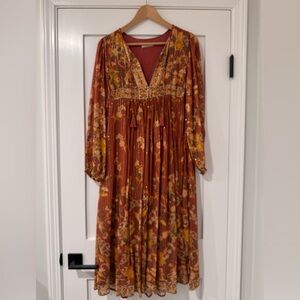 Spell & The Gypsy Collection Hendrix Dress Boho Floral in Rust with Gold Thread